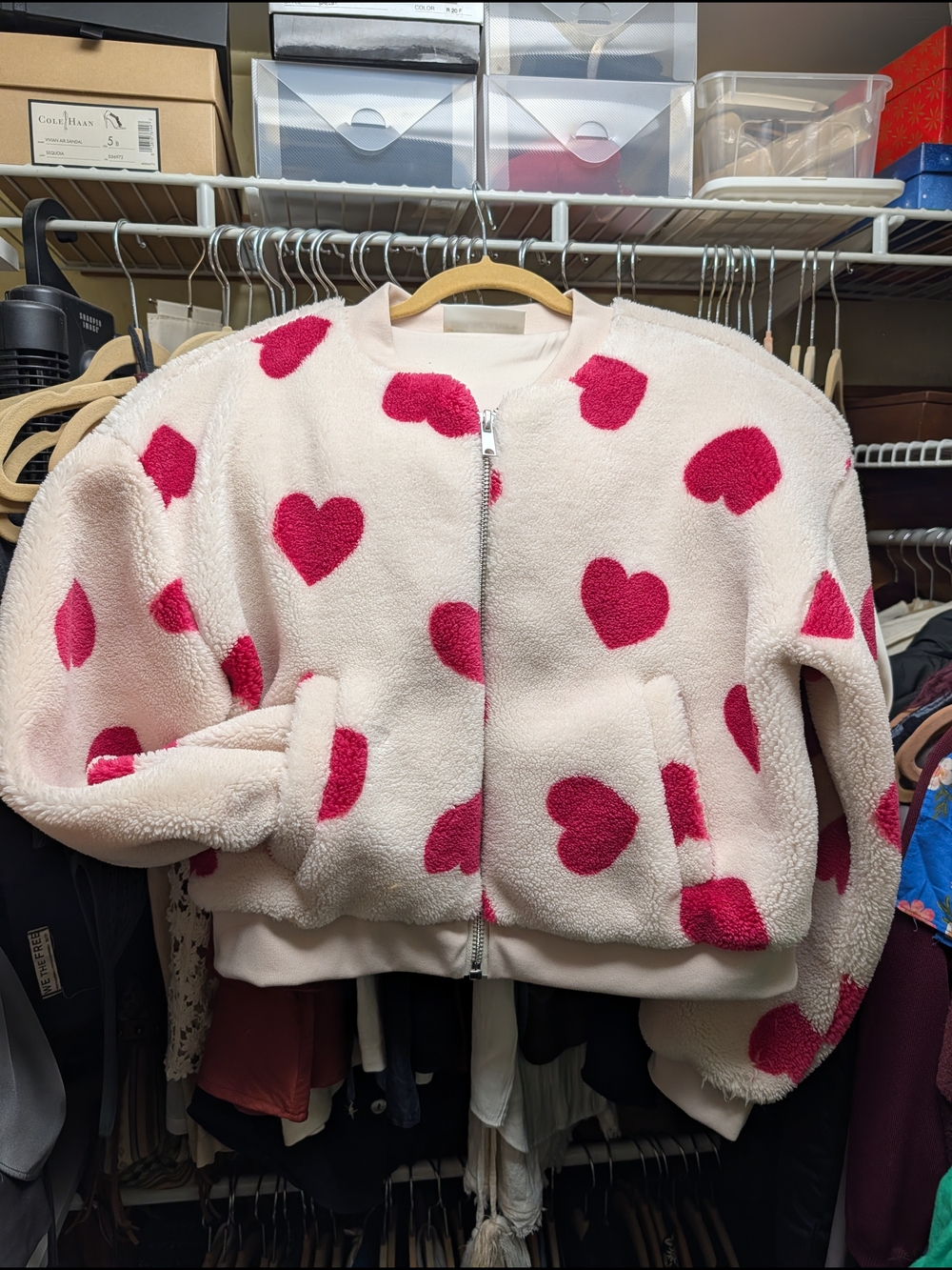 No Boundaries Cream Plush Zip-Up Jacket with Pink Heart Print
